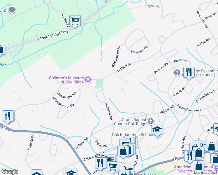 map of restaurants, bars, coffee shops, grocery stores, and more near 114 Hoyt Lane in Oak Ridge