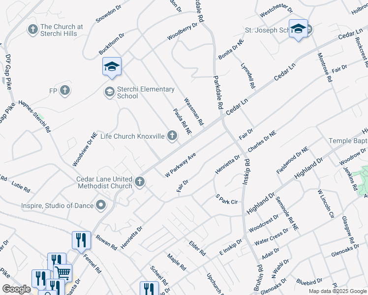 map of restaurants, bars, coffee shops, grocery stores, and more near 1100 Cedar Lane in Knoxville