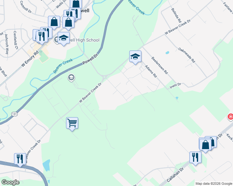 map of restaurants, bars, coffee shops, grocery stores, and more near 7133 Lyngate Boulevard in Powell