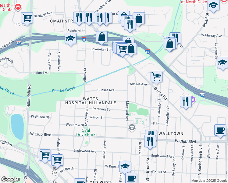 map of restaurants, bars, coffee shops, grocery stores, and more near 2023 Sunset Avenue in Durham