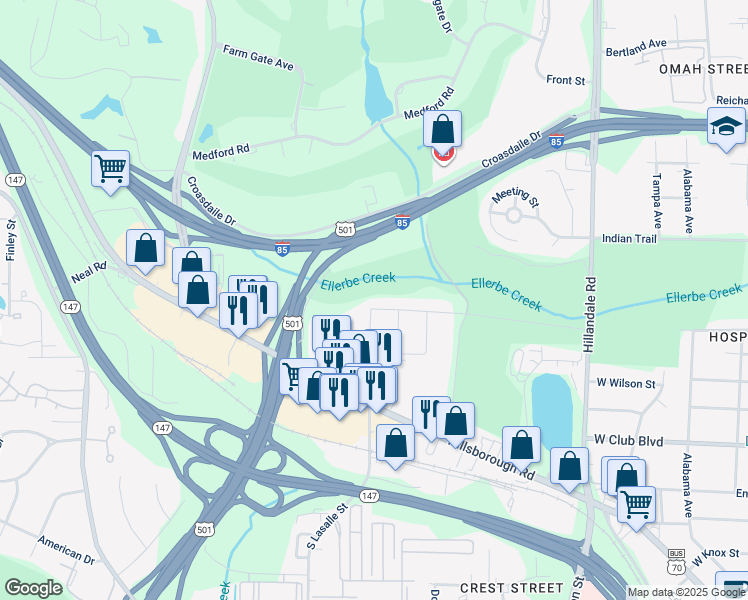 map of restaurants, bars, coffee shops, grocery stores, and more near 3306 Sprunt Avenue in Durham
