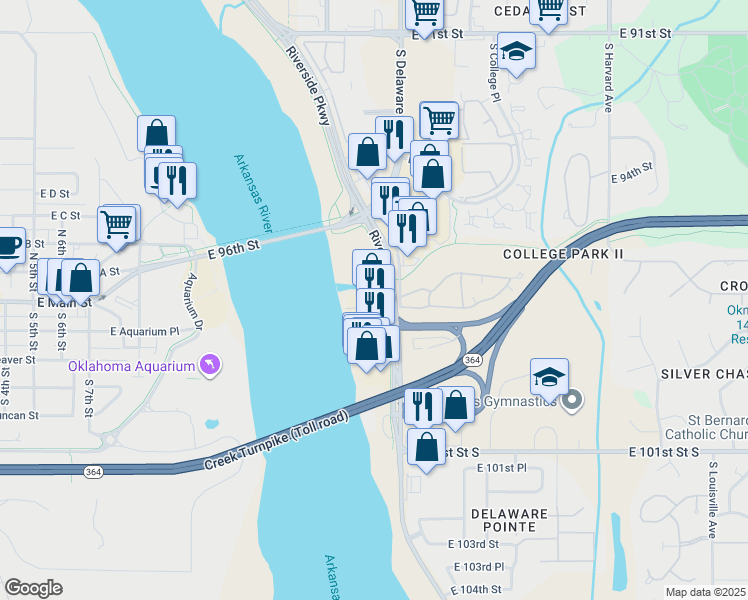 map of restaurants, bars, coffee shops, grocery stores, and more near 9708 Riverside Parkway in Tulsa