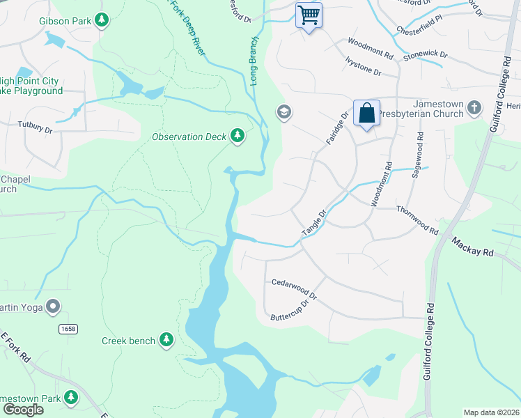 map of restaurants, bars, coffee shops, grocery stores, and more near 906 Fairidge Drive in Jamestown