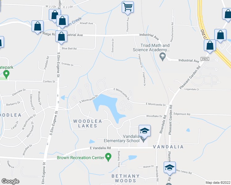 map of restaurants, bars, coffee shops, grocery stores, and more near 410 East Montcastle Drive in Greensboro