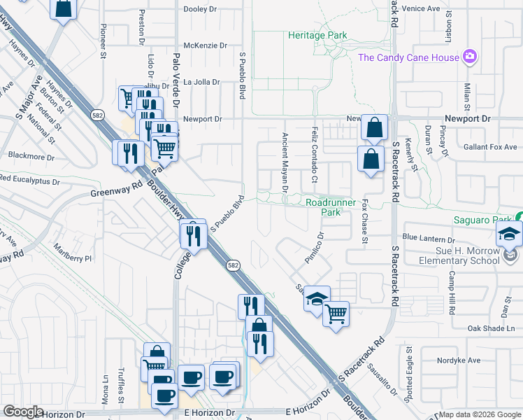 map of restaurants, bars, coffee shops, grocery stores, and more near 607 Grande Sombrero Way in Henderson