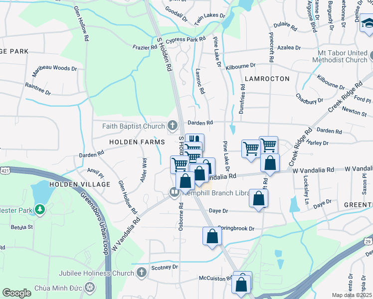 map of restaurants, bars, coffee shops, grocery stores, and more near 2700 Stafford Street in Greensboro