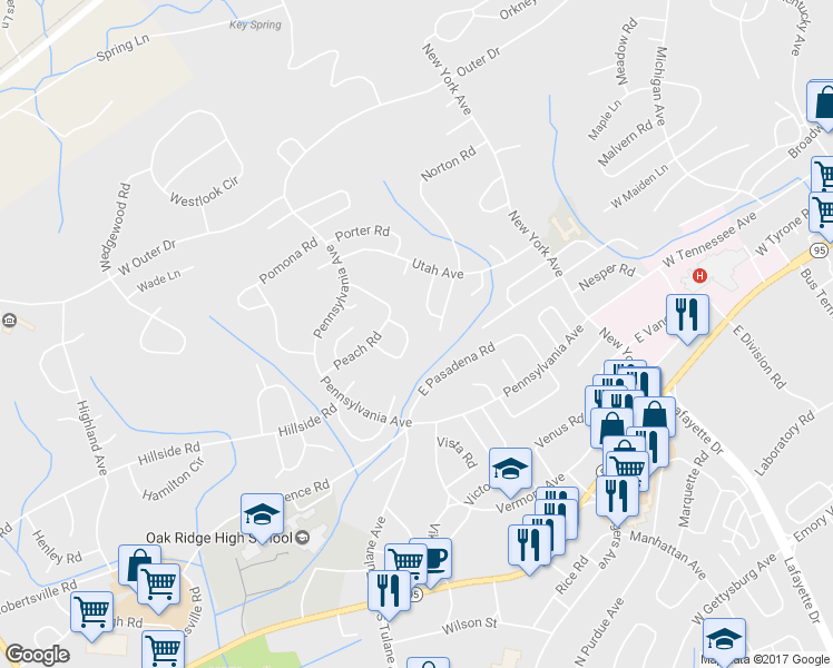 map of restaurants, bars, coffee shops, grocery stores, and more near 105 Pelham Road in Oak Ridge
