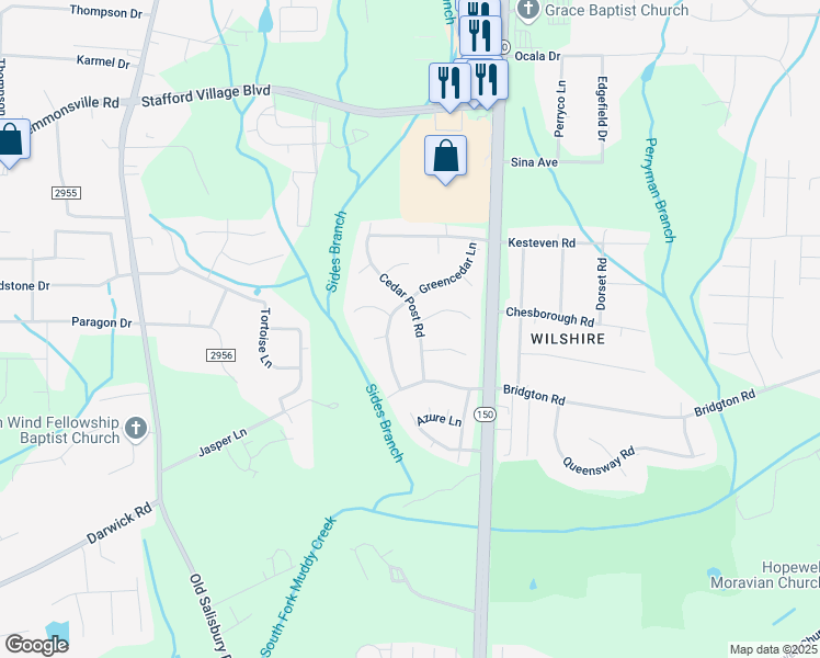 map of restaurants, bars, coffee shops, grocery stores, and more near 3545 Cedar Post Road in Winston-Salem