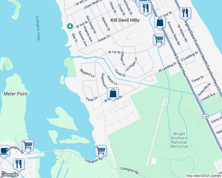map of restaurants, bars, coffee shops, grocery stores, and more near 606 Cedar Drive in Kill Devil Hills