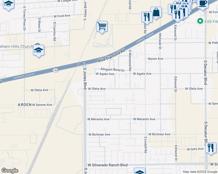 map of restaurants, bars, coffee shops, grocery stores, and more near Paige Rene Court in Spring Valley
