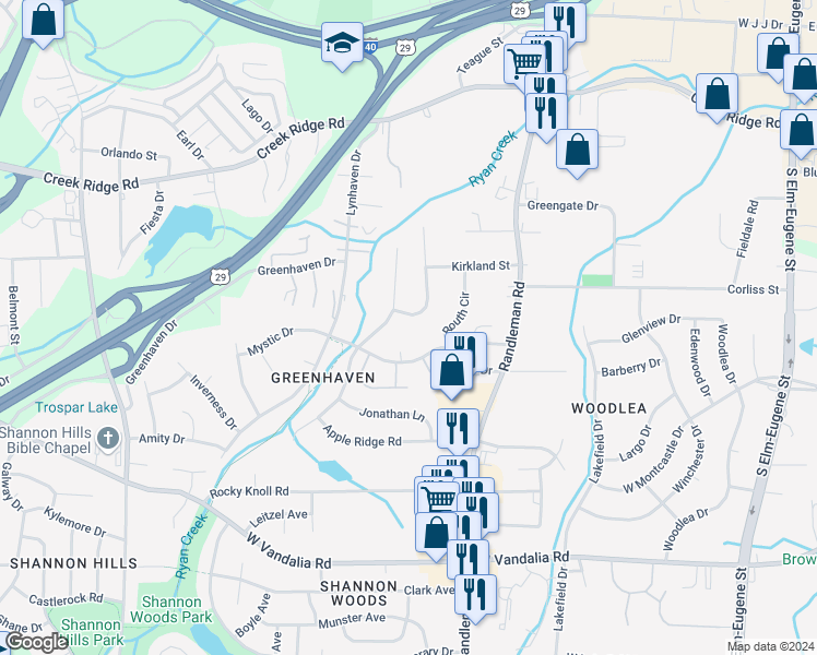 map of restaurants, bars, coffee shops, grocery stores, and more near 2725 Vestal Street in Greensboro