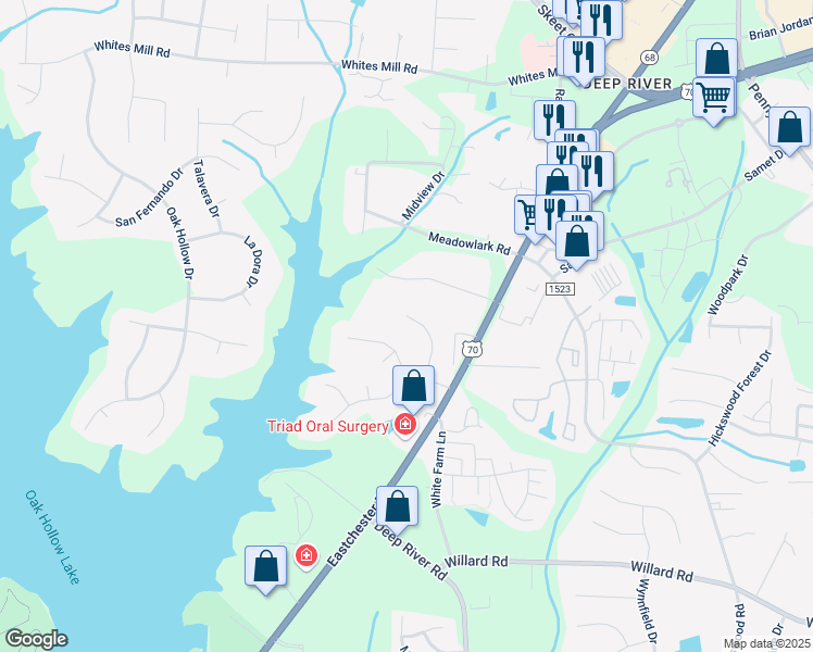 map of restaurants, bars, coffee shops, grocery stores, and more near 2117 Mirus Court in High Point