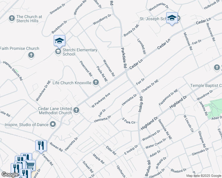 map of restaurants, bars, coffee shops, grocery stores, and more near 1105 West Parkway Avenue in Knoxville