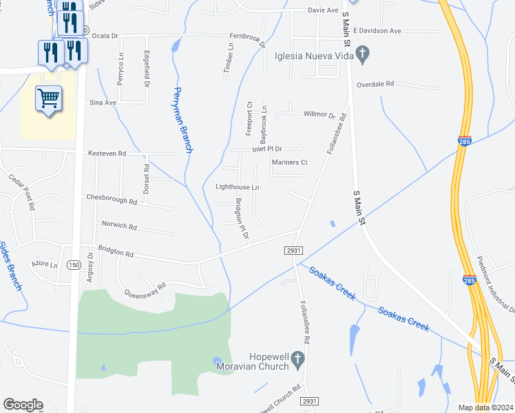 map of restaurants, bars, coffee shops, grocery stores, and more near 4925 Lighthouse Court in Winston-Salem
