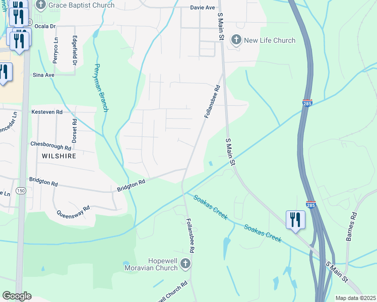 map of restaurants, bars, coffee shops, grocery stores, and more near 4580 Follansbee Road in Winston-Salem