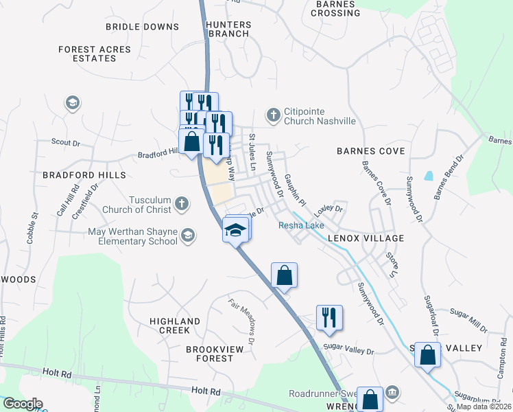 map of restaurants, bars, coffee shops, grocery stores, and more near 8206 Persia Way in Nashville
