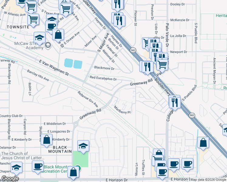 map of restaurants, bars, coffee shops, grocery stores, and more near 184 Sitka Spruce Street in Henderson