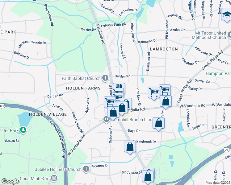 map of restaurants, bars, coffee shops, grocery stores, and more near 2700 Stafford Street in Greensboro