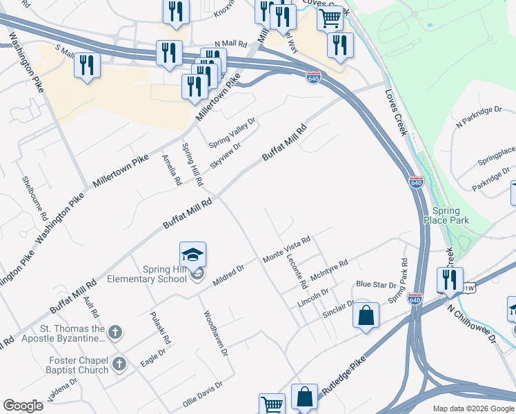 map of restaurants, bars, coffee shops, grocery stores, and more near 1623 Leconte Road in Knoxville