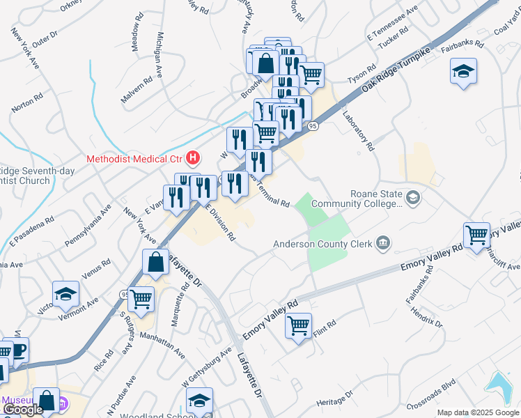 map of restaurants, bars, coffee shops, grocery stores, and more near 164 Bus Terminal Road in Oak Ridge