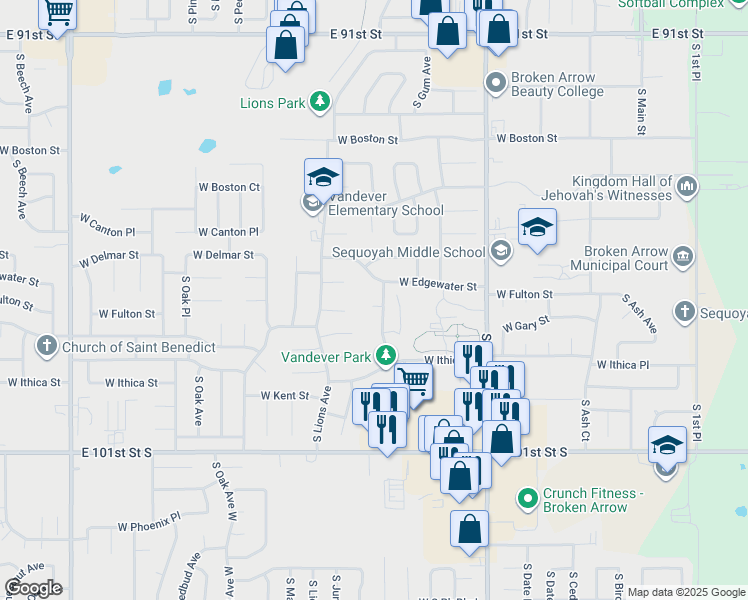 map of restaurants, bars, coffee shops, grocery stores, and more near 1100 West Fulton Street in Broken Arrow