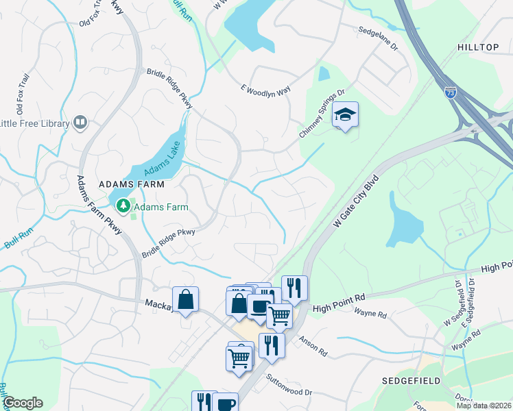 map of restaurants, bars, coffee shops, grocery stores, and more near 2 Whistling Oak Trail in Greensboro