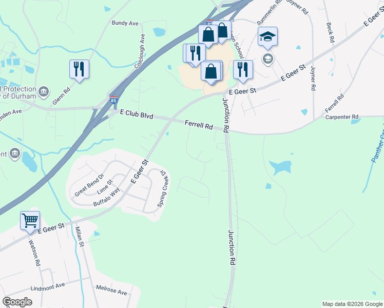 map of restaurants, bars, coffee shops, grocery stores, and more near 2039 Feather Rock Drive in Durham