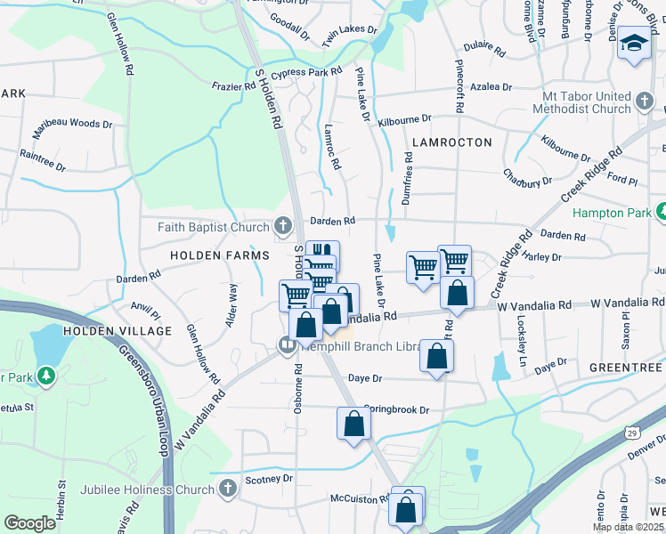 map of restaurants, bars, coffee shops, grocery stores, and more near 2714 Stafford Street in Greensboro