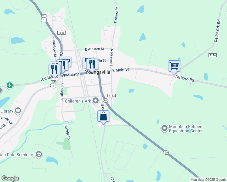 map of restaurants, bars, coffee shops, grocery stores, and more near 209 South Nassau Street in Youngsville
