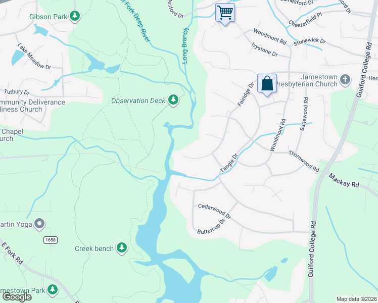 map of restaurants, bars, coffee shops, grocery stores, and more near 906 Fairidge Drive in Jamestown