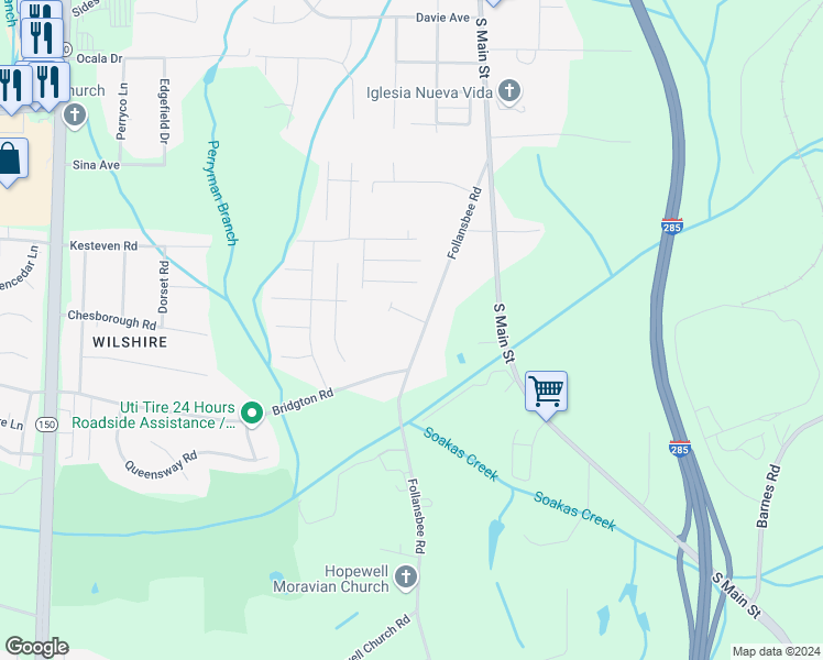 map of restaurants, bars, coffee shops, grocery stores, and more near 4580 Follansbee Road in Winston-Salem