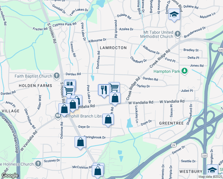 map of restaurants, bars, coffee shops, grocery stores, and more near 2714 Pinecroft Road in Greensboro