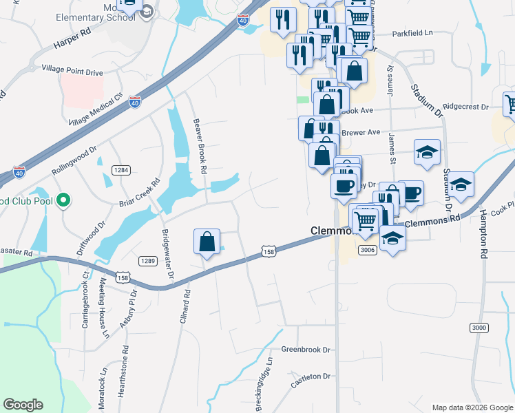 map of restaurants, bars, coffee shops, grocery stores, and more near 240 Lake Dale Court in Clemmons