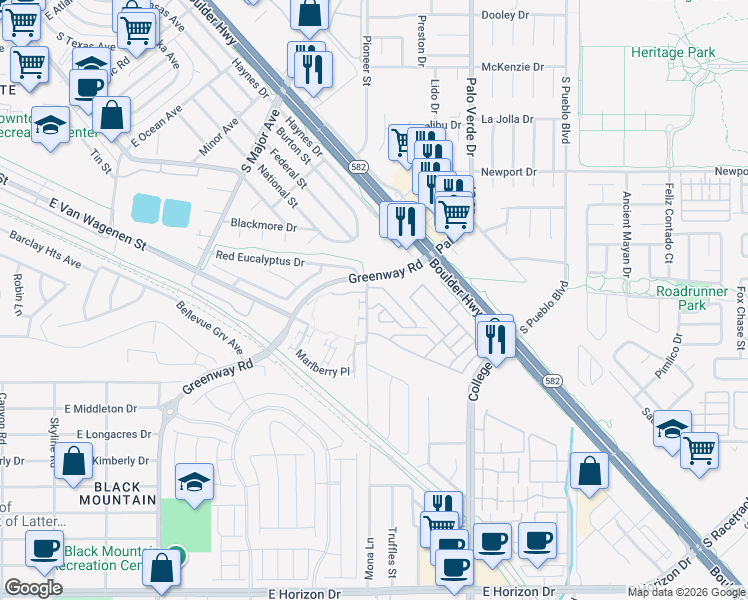 map of restaurants, bars, coffee shops, grocery stores, and more near 400 Mona Lane in Henderson