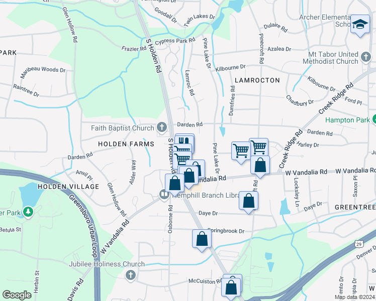 map of restaurants, bars, coffee shops, grocery stores, and more near 2712 Stafford Street in Greensboro