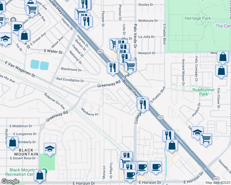 map of restaurants, bars, coffee shops, grocery stores, and more near 447 Filaree Place in Henderson