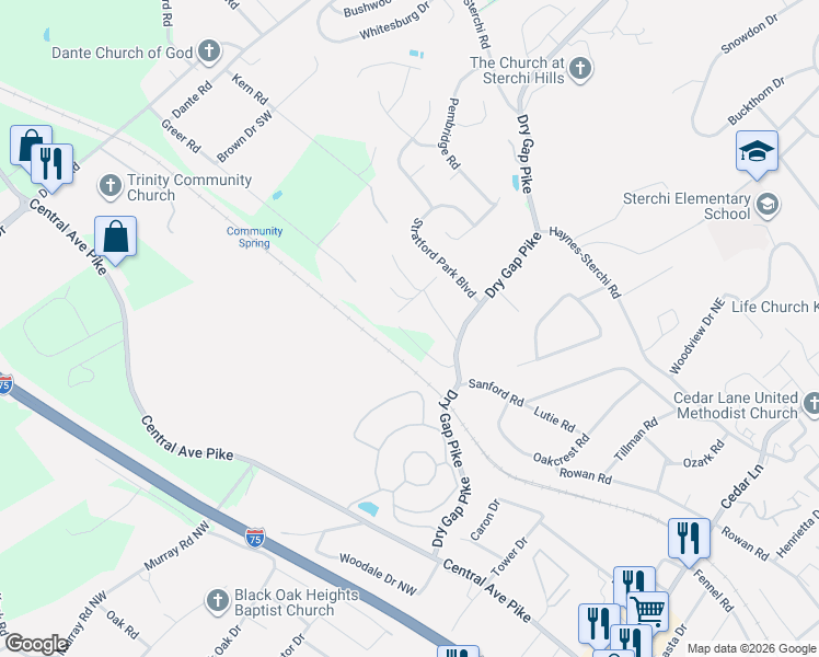 map of restaurants, bars, coffee shops, grocery stores, and more near 5909 Nature Lane in Knoxville