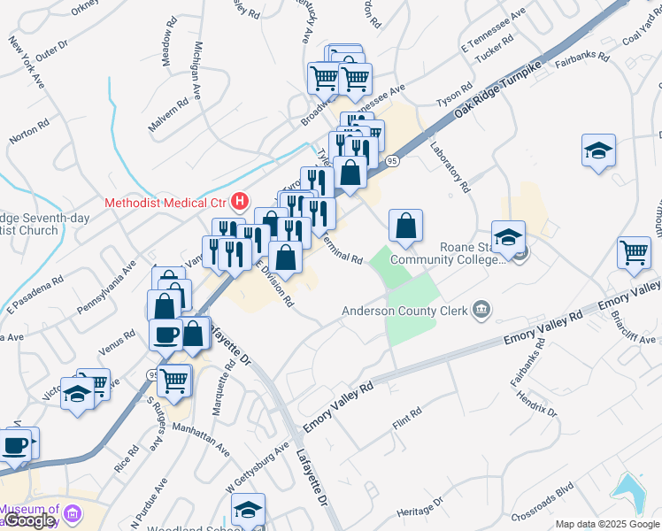 map of restaurants, bars, coffee shops, grocery stores, and more near 164 Bus Terminal Road in Oak Ridge