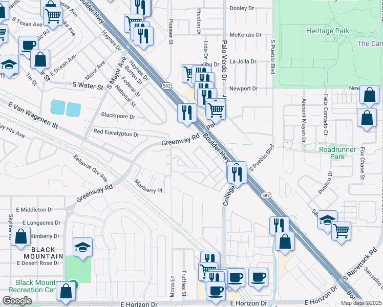 map of restaurants, bars, coffee shops, grocery stores, and more near 447 Filaree Place in Henderson