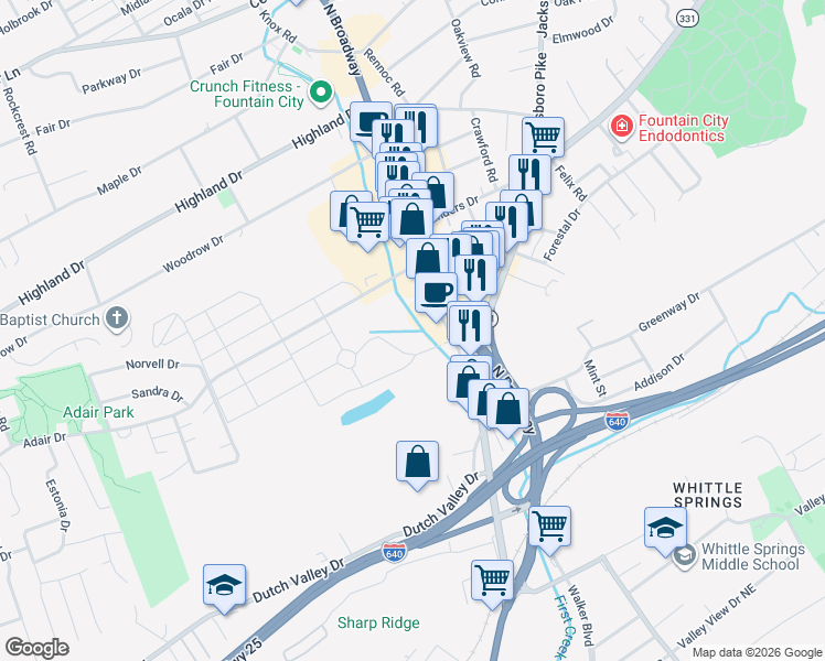 map of restaurants, bars, coffee shops, grocery stores, and more near 4719 Old Broadway in Knoxville