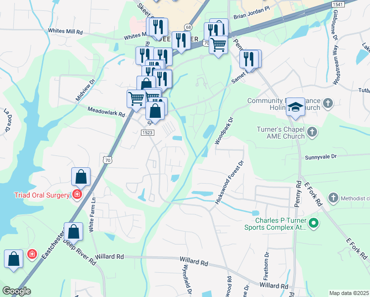 map of restaurants, bars, coffee shops, grocery stores, and more near 3875 Hickswood Creek Drive in High Point