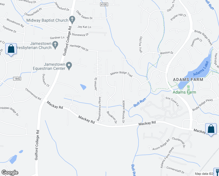 map of restaurants, bars, coffee shops, grocery stores, and more near 3014 Butterwood Drive in Jamestown