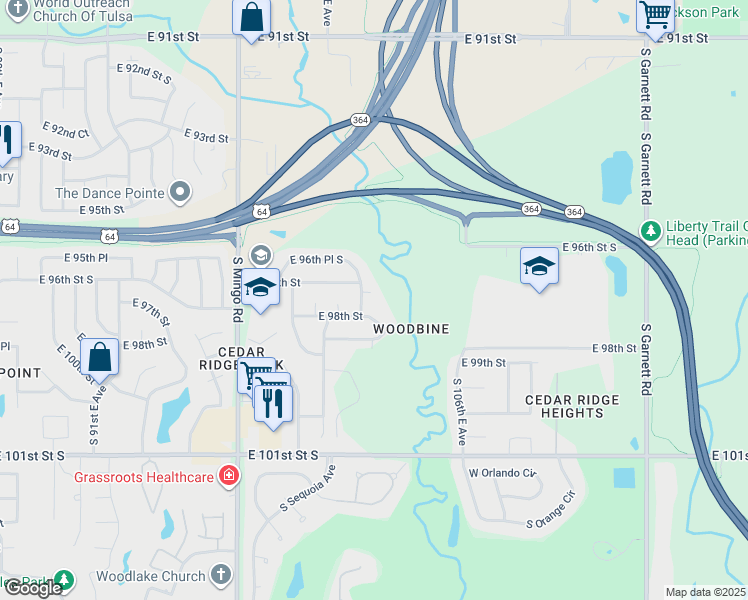 map of restaurants, bars, coffee shops, grocery stores, and more near 10227 East 98th Street in Tulsa