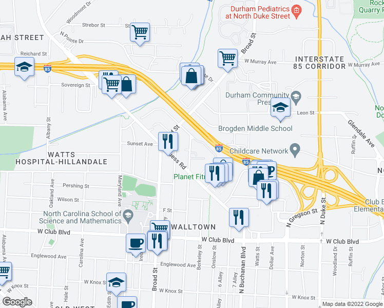 map of restaurants, bars, coffee shops, grocery stores, and more near 1608 Sedgefield Street in Durham
