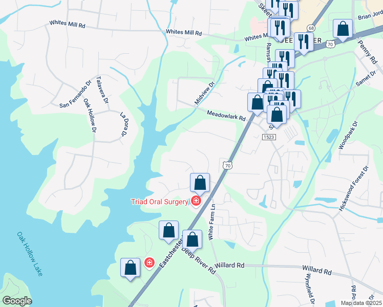 map of restaurants, bars, coffee shops, grocery stores, and more near 2117 Mirus Court in High Point