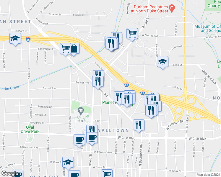 map of restaurants, bars, coffee shops, grocery stores, and more near 1604 Sedgefield Street in Durham