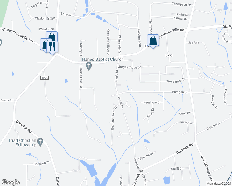 map of restaurants, bars, coffee shops, grocery stores, and more near 4382 Paula Drive in Winston-Salem