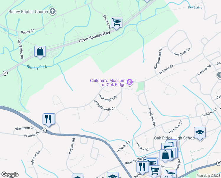 map of restaurants, bars, coffee shops, grocery stores, and more near 122 South Walker Lane in Oak Ridge