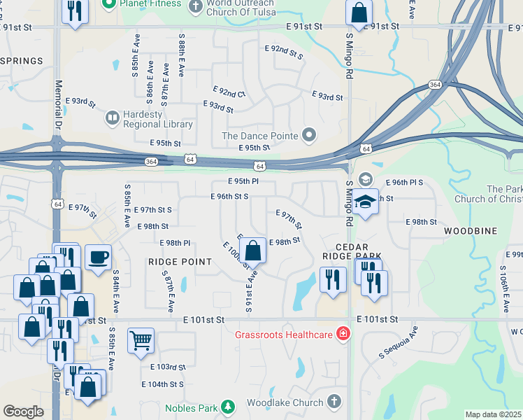 map of restaurants, bars, coffee shops, grocery stores, and more near 9706 South 92nd East Avenue in Tulsa