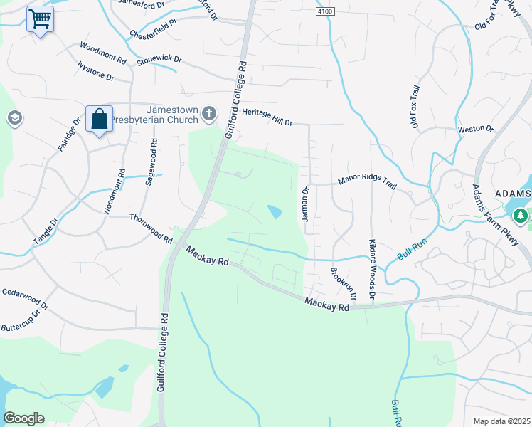 map of restaurants, bars, coffee shops, grocery stores, and more near 6308 Hickory Hollow Road in Jamestown